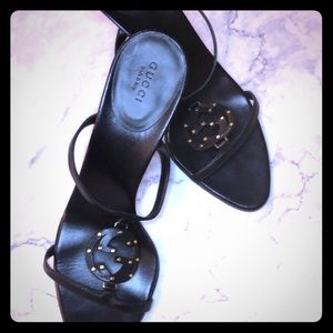 Black leather Gucci heels w gold studs